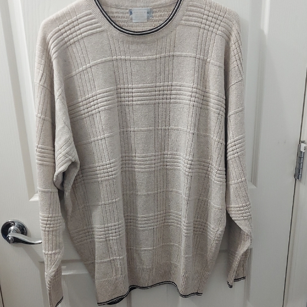 Mens Cream Crewneck Sweater Textured Windowpane Ribbed Linen Silk Scotla…